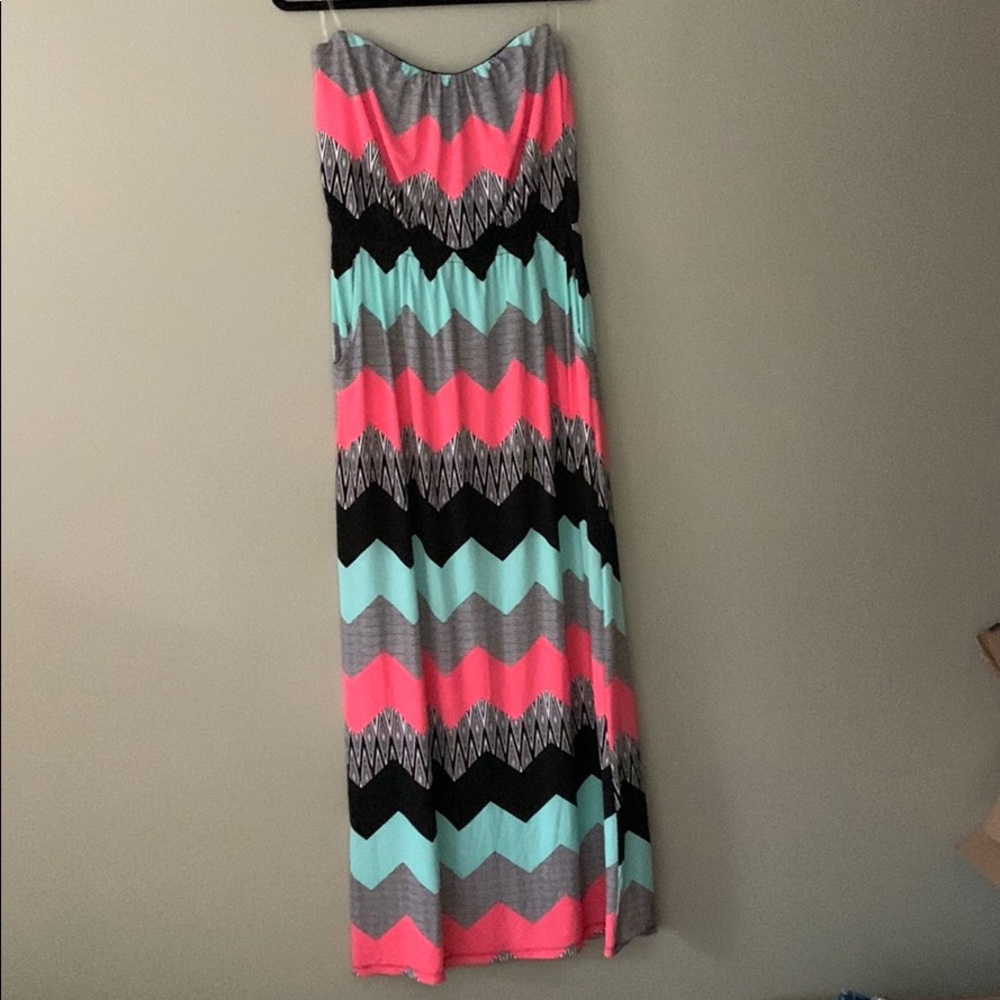 Strapless Chevron Maxi Dress with Pockets